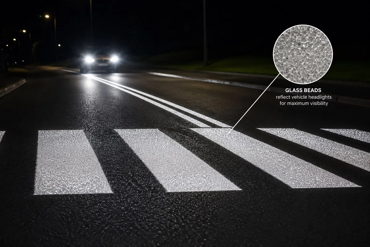 Reflective road markings illuminated by vehicle headlights