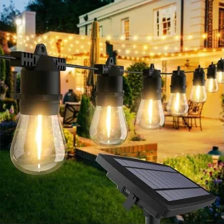 Solar string lights illuminating an outdoor space